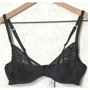 Savage X Fenty Black Lace Inset Demi Bra 36C‎ Sexy Adjustable Straps Lingerie